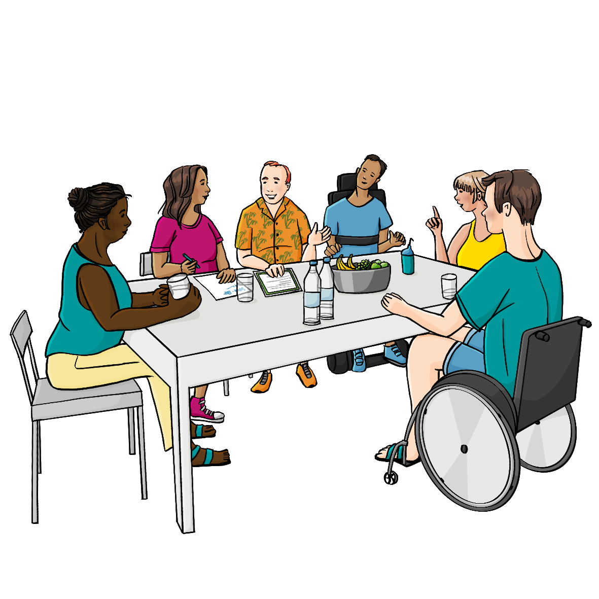 Eine Gruppe Menschen mit verschiedenen Behinderungen sitzt um einen Tisch herum. Auf dem Tisch stehen Wasserflaschen und eine Schüssel mit Obst. Einer der Männer zeigt auf ein Blatt Papier. Eine der Frauen schreibt etwas auf.