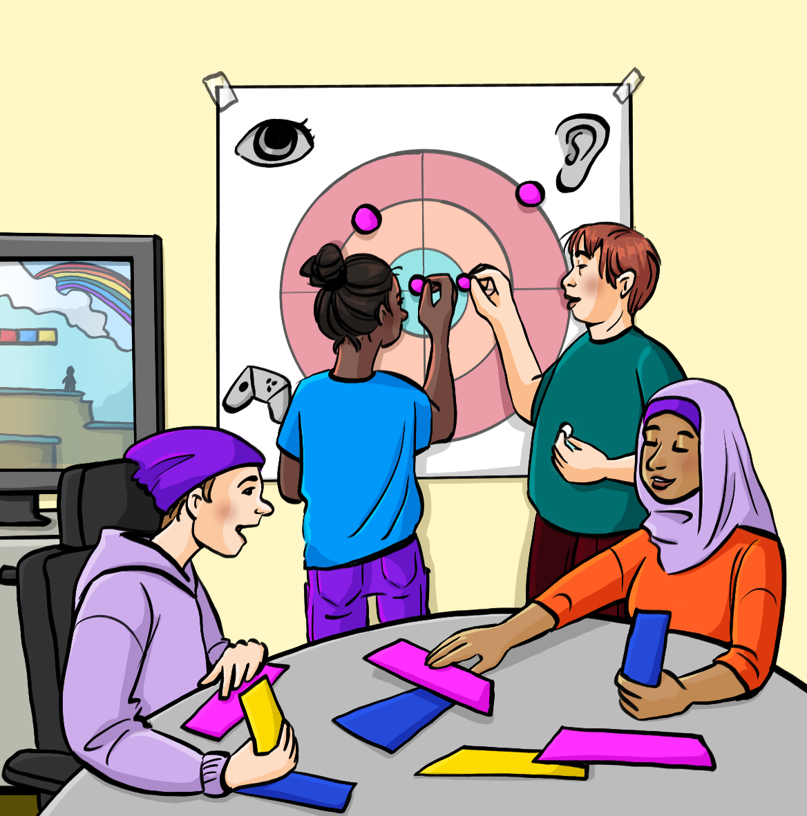 ine Gruppe Jugendliche. Einige sitzen am Tisch und sortieren bunte Karten. Andere stehen kleben Klebepunkte auf ein Plakat an der Wand. Im Hintergrund ist ein Bildschirm, auf dem ein Computerspiel läuft.