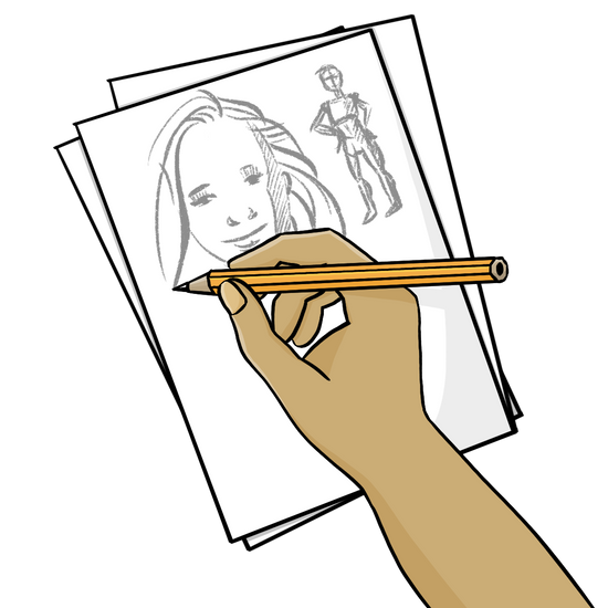 Eine Hand zeichnet mit einem Bleistift auf ein Blatt Papier. Man sieht eine Figur und ein halb fertiges Frauen-Gesicht. 