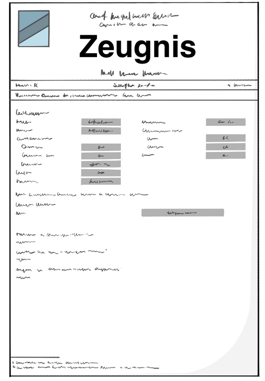 Ein Blatt Papier mit der Aufschrift: Zeugnis. Auf dem Blatt sind graue Felder und unlesbare Schrift.
