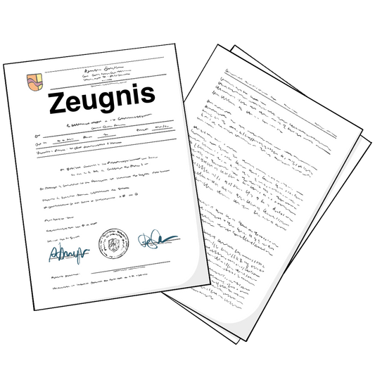3 Blätter Papier liegen lose aufeinander. Auf dem obersten Blatt steht: Zeugnis. Auf den anderen Blättern ist unlesbarer Text.
