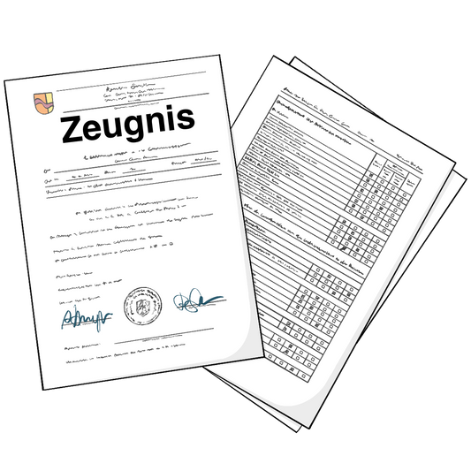 3 Blätter Papier liegen lose aufeinander. Auf dem obersten Blatt steht: Zeugnis. Auf den anderen Blättern sind Spalten mit Text. Am rechten Ende von jeder Spalte sind Kästchen. In jeder Spalte ist ein Kästchen angekreuzt.
