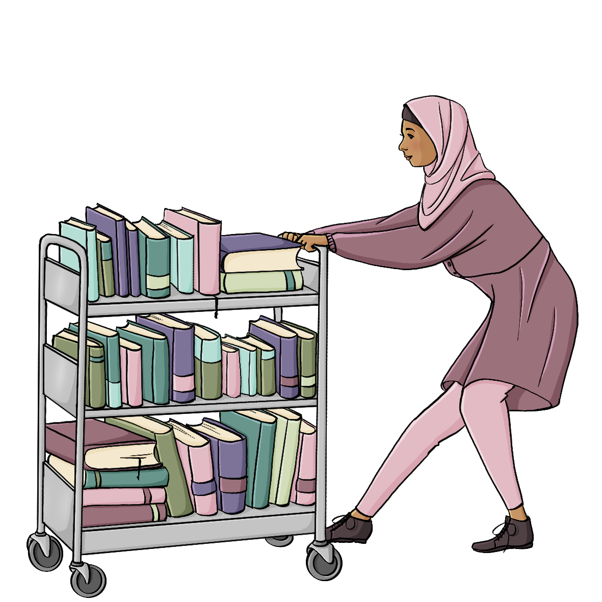 Eine Frau zieht einen Metallwagen voller Bücher.