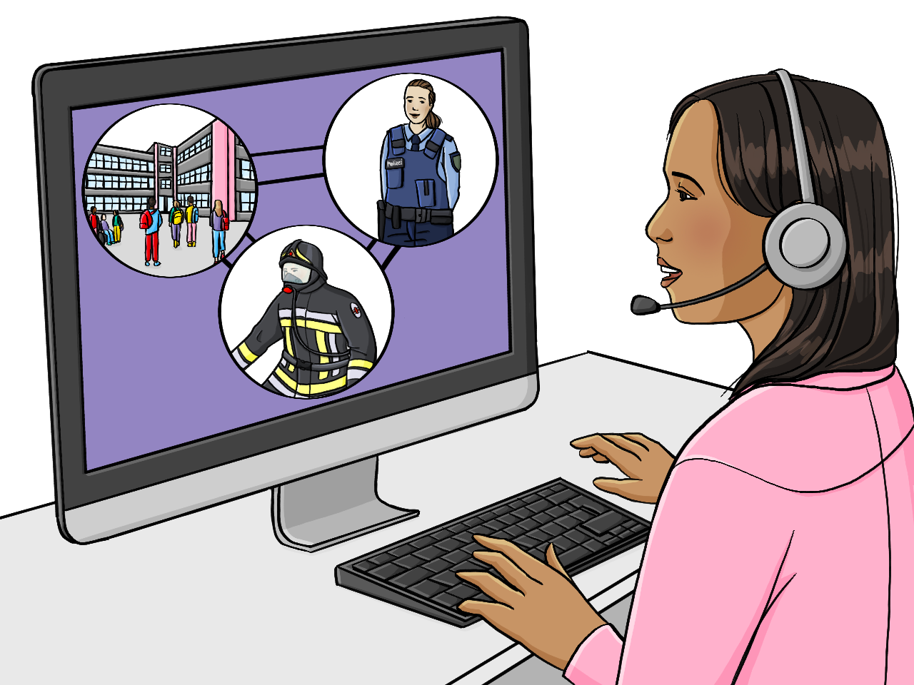 Eine Frau mit Headset sitzt an einem Computer. Auf dem Bildschirm sind drei Kreise mit Bildern von einer Schule, einer Polizistin und einem Feuerwehrmann. 