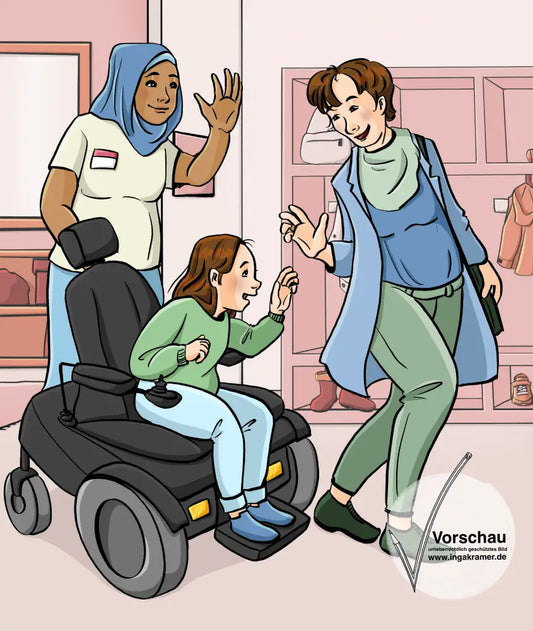 Eine Frau mit einem Namensschild und ein Mädchen im Rollstuhl winken fröhlich einer anderen Frau. Im Hintergrund ist eine Kindergarten-Garderobe.