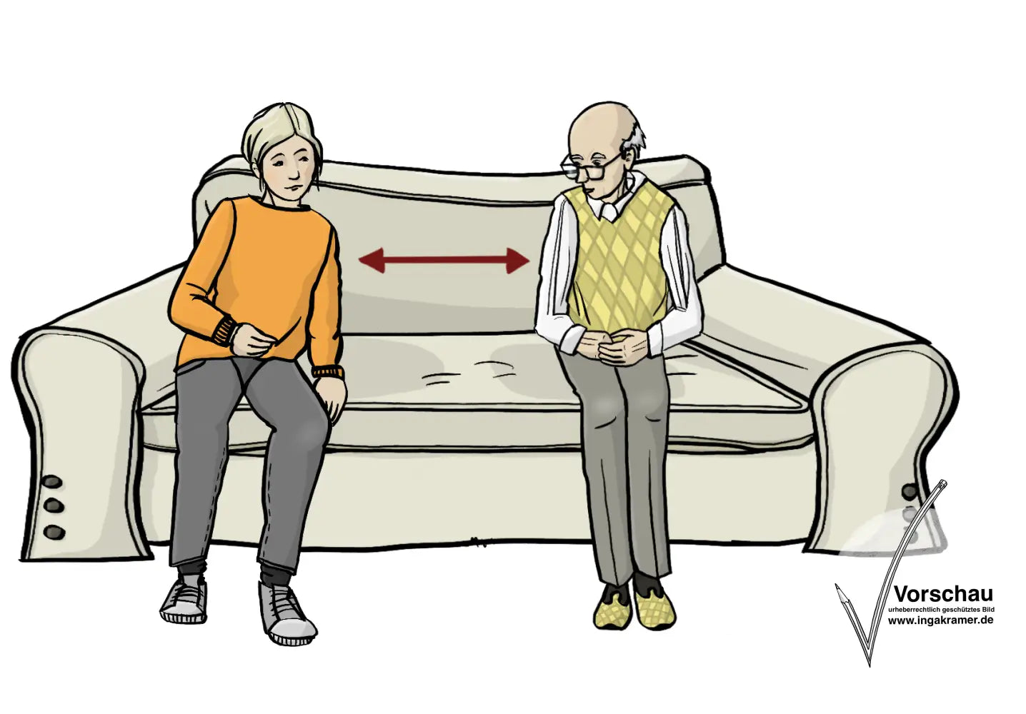 Eine Frau und ein älterer Mann sitzen auf einem Sofa. Sie halten Abstand. Zwischen ihnen ist ein roter Pfeil. Der Pfeil zeigt den Abstand. 