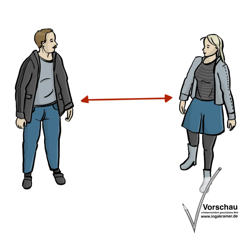 Eine Mann und eine Frau stehen nebeneinander. Sie halten Abstand. Zwischen ihnen ist ein roter Pfeil. Der Pfeil zeigt den Abstand an. 