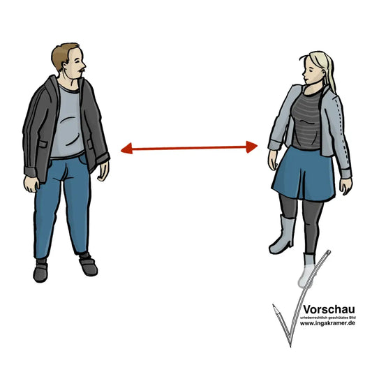Eine Mann und eine Frau stehen nebeneinander. Sie halten Abstand. Zwischen ihnen ist ein roter Pfeil. Der Pfeil zeigt den Abstand an.