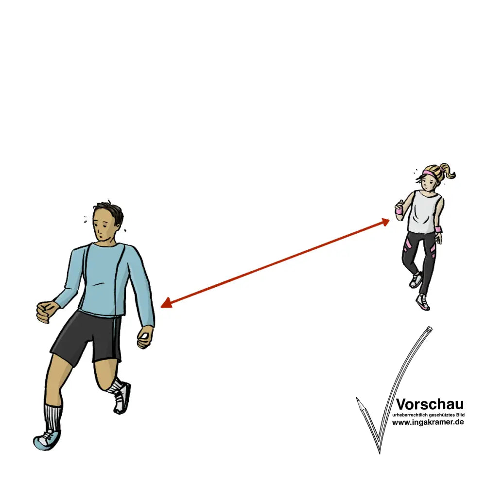 Eine Frau und ein Mann joggen. Sie halten Abstand. Zwischen ihnen ist ein roter Pfeil. Der Pfeil zeigt den Abstand. 