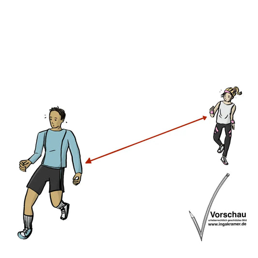 Eine Frau und ein Mann joggen. Sie halten Abstand. Zwischen ihnen ist ein roter Pfeil. Der Pfeil zeigt den Abstand.