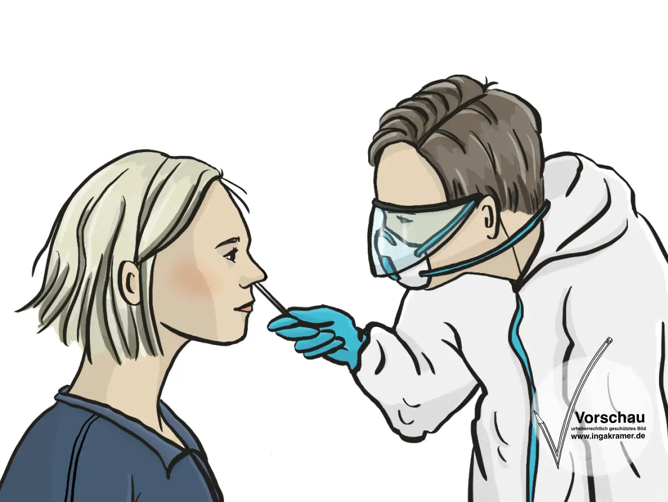 Ein Arzt macht macht einen Nasenabstrich bei einer Frau. Der Arzt trägt Schutzkleidung.