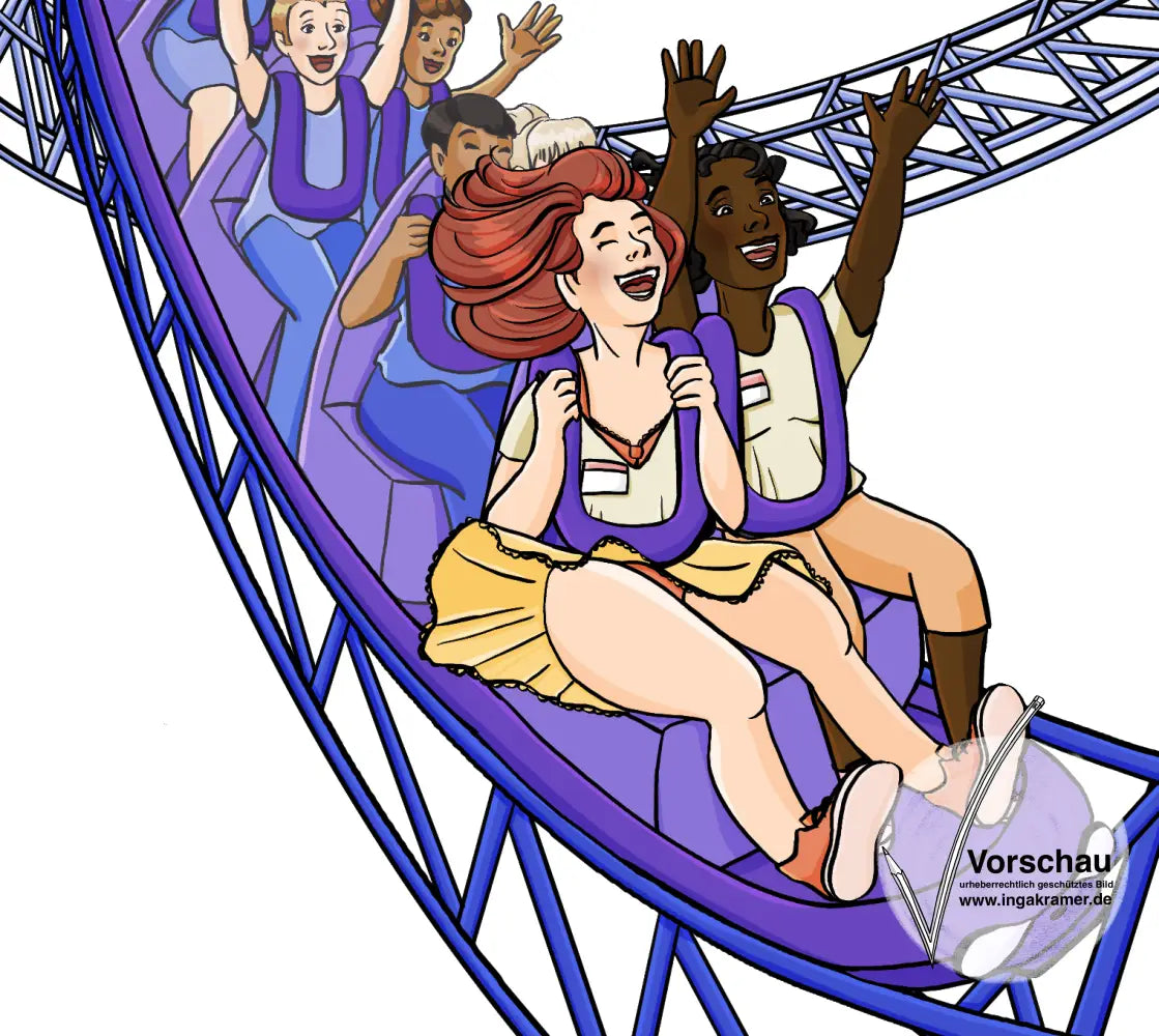 Zwei Frauen in einer Achterbahn. Die eine trägt längere Kleidung, die andere hat einen tiefen Ausschnitt und ihr Rock fliegt hoch.
