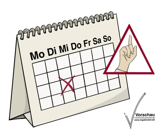 Ein Kalender mit angekreuztem Datum. Neben dem Kalender steht das Achtung-Zeichen: Ein rotes Dreieck mit einem erhobenen Zeigefinger. 