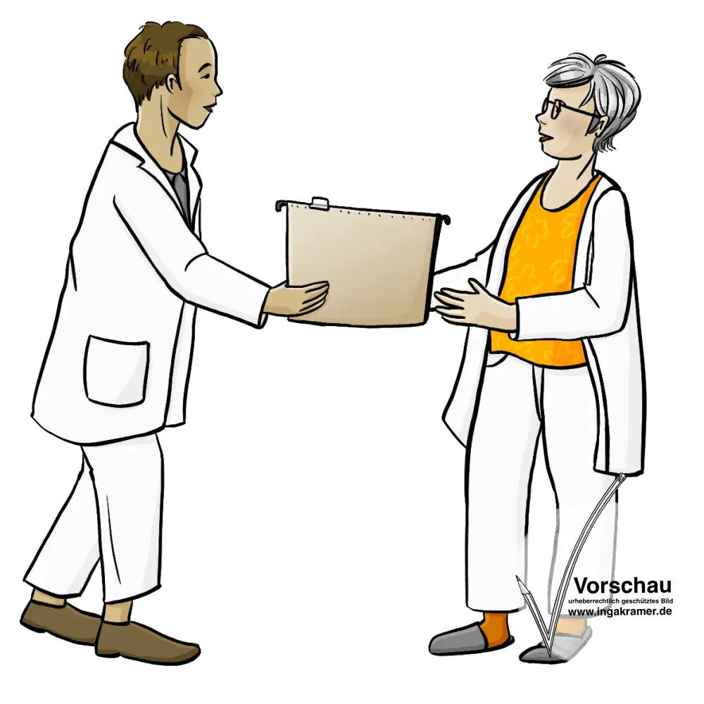 Ein Arzt gibt eine Akte an eine Ärztin.
