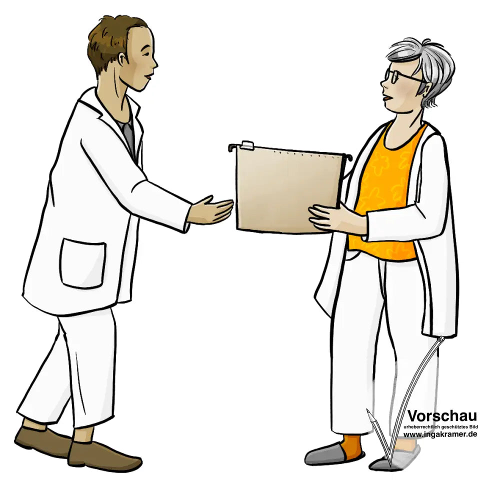 Eine Ärztin gibt eine Akte an einen Arzt.