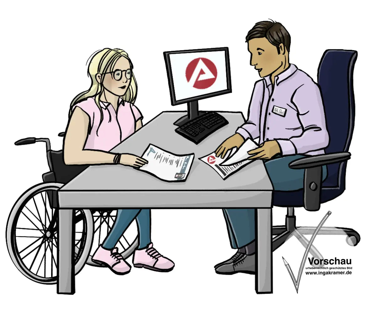 Ein Mann und eine Frau sitzen an einem Arbeitstisch in der Werkstatt. Zwischen Ihnen steht ein durchsichtiger Spuckschutz.