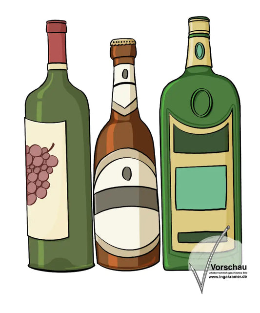 Eine Weinflasche, eine Bierflasche und eine Schnapsflasche.