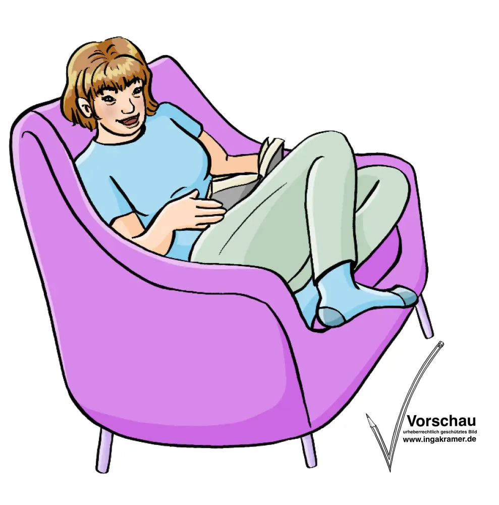 Eine Frau sitzt in einem Sessel und liest.