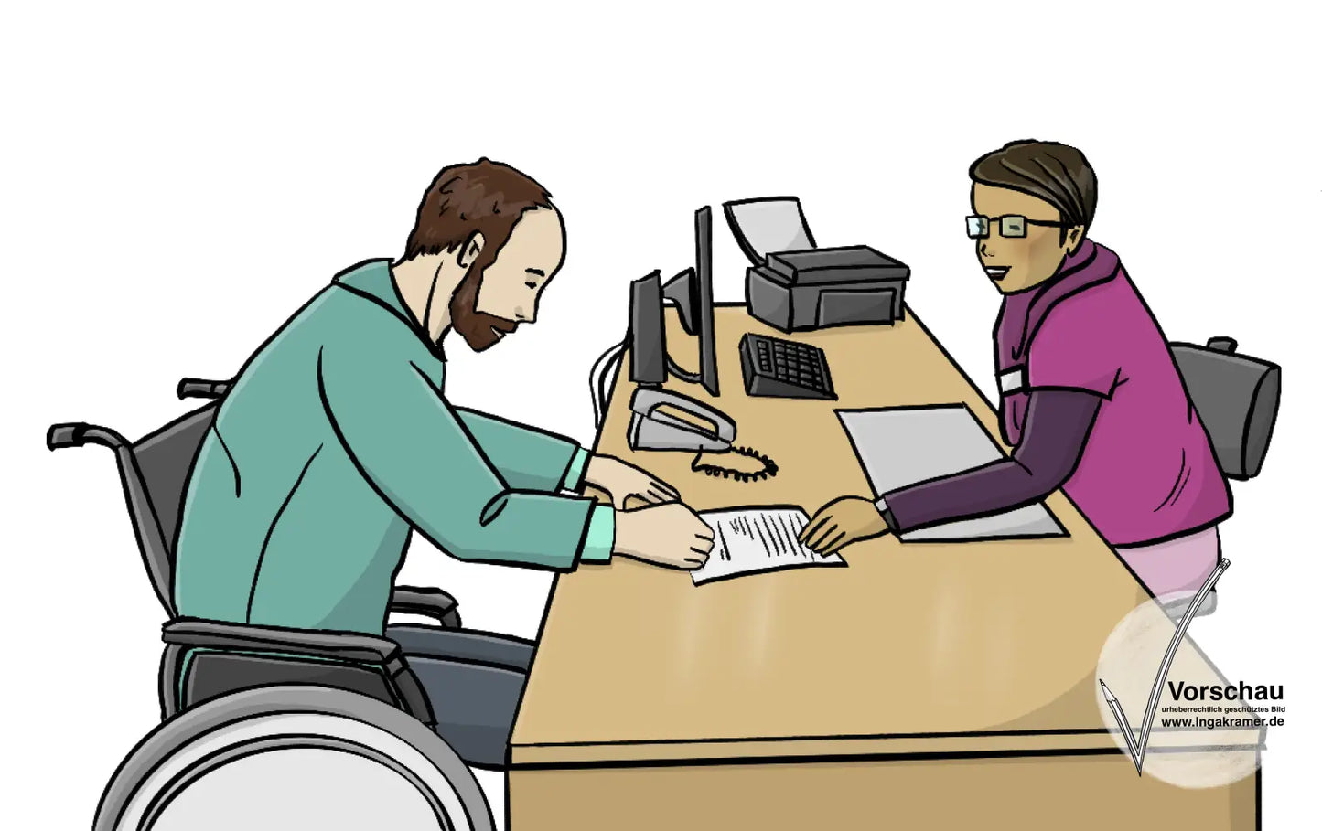Eine Beamte und ein Mann im Rollstuhl sitzen sich gegenüber an einem Schreibtisch. Die Beamte gibt dem Mann ein Formular.