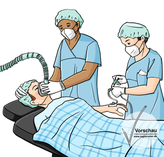 Eine Person liegt auf einer Liege, die Augen sind geschlossen, an der Hand ist ein Zugang für Medikamente. Ein Mann mit blauem Kittel hält der Person eine Sauerstoffmaske vors Gesicht. Eine Frau mit blauem Kittel spritzt mit einer Spritze etwas in den Zugang.