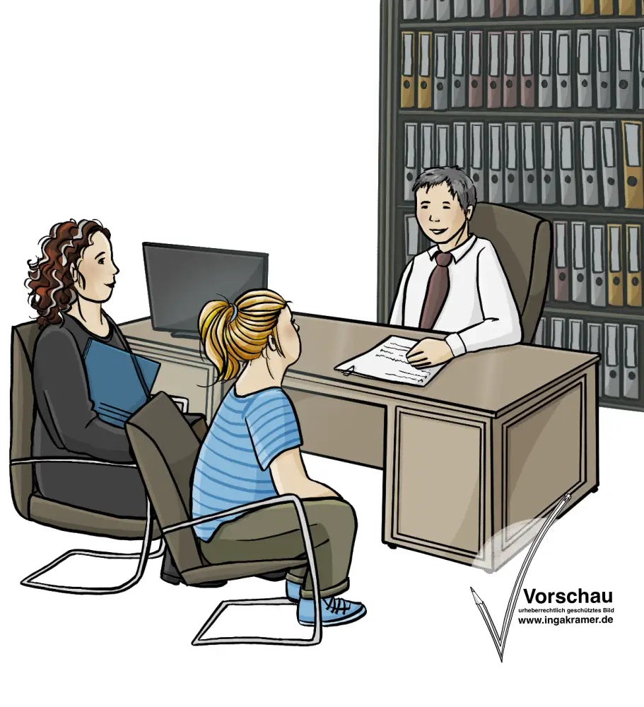 Ein Richter sitzt in seinem Büro am Schreibtisch. Gegenüber sitzen eine Frau und eine junge Frau mit Down-Syndrom. 