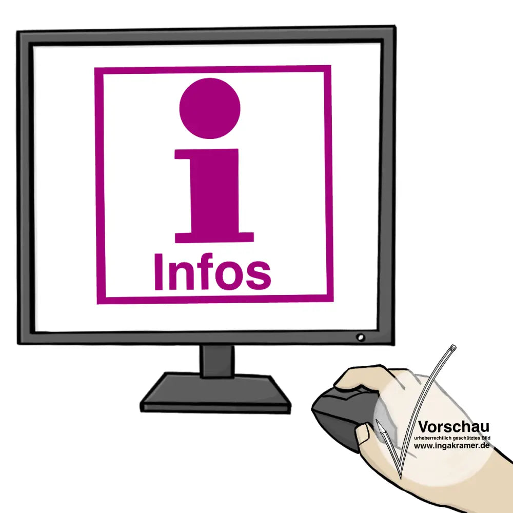 Ein Computerbildschirm und eine Hand auf einer Maus. Auf dem Bildschirm ist ein ein großes I mit i-Punkt, darunter steht: Infos.
