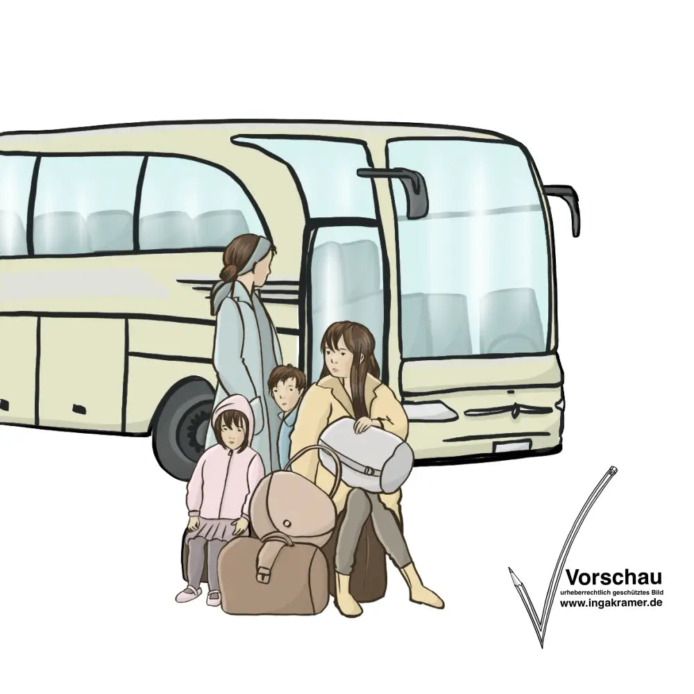 Eine Flüchtlingsfamilie steht vor einem Bus: Eine Mutter mit drei Kindern und Gepäck. Nutzungsrecht gemäß Lizenzbestimmungen Inga Kramer