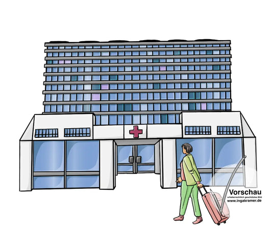 Eine Frau geht auf ein Krankenhaus zu. Sie zieht einen Rollkoffer.