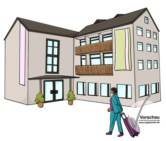 Eine Frau geht auf ein Haus zu. Sie zieht einen Koffer.