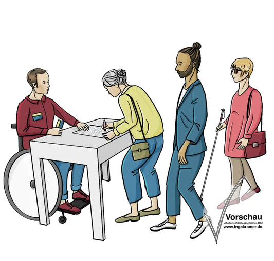 Ein Mann sitzt an einem Tisch, auf dem Tisch liegt eine Liste. Vor dem Tisch stehen Menschen in einer Reihe. Die vorderste Frau schreibt in die Liste.