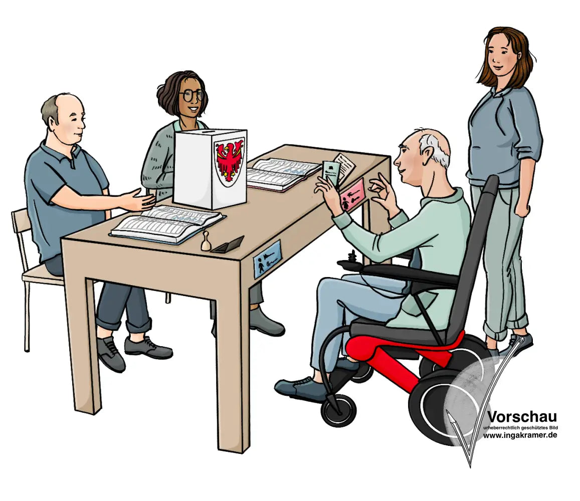 Ein Mann und eine Frau sitzen an einem Tisch. Auf dem Tisch sind zwei große aufgeschlagene Bücher und eine weiße Kiste mit einem roten Adler. Ein Mann im Elektrorollstuhl und eine Frau sind auf der anderen Seite des Tisches. Der Mann hält seine Identitätskarte und seinen Wahlausweis in der Hand. 