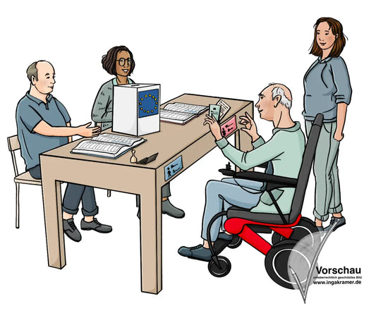 Ein Mann und eine Frau sitzen an einem Tisch. Auf dem Tisch sind eine weiße Kiste mit der Europaflagge und zwei aufgeschlagene Bücher. Auf der anderen Seite des Tisches sind ein Mann im Elektrorollstuhl und eine Frau. Der Mann hält eine Identitätskarte und einen Wahlausweis in der Hand.