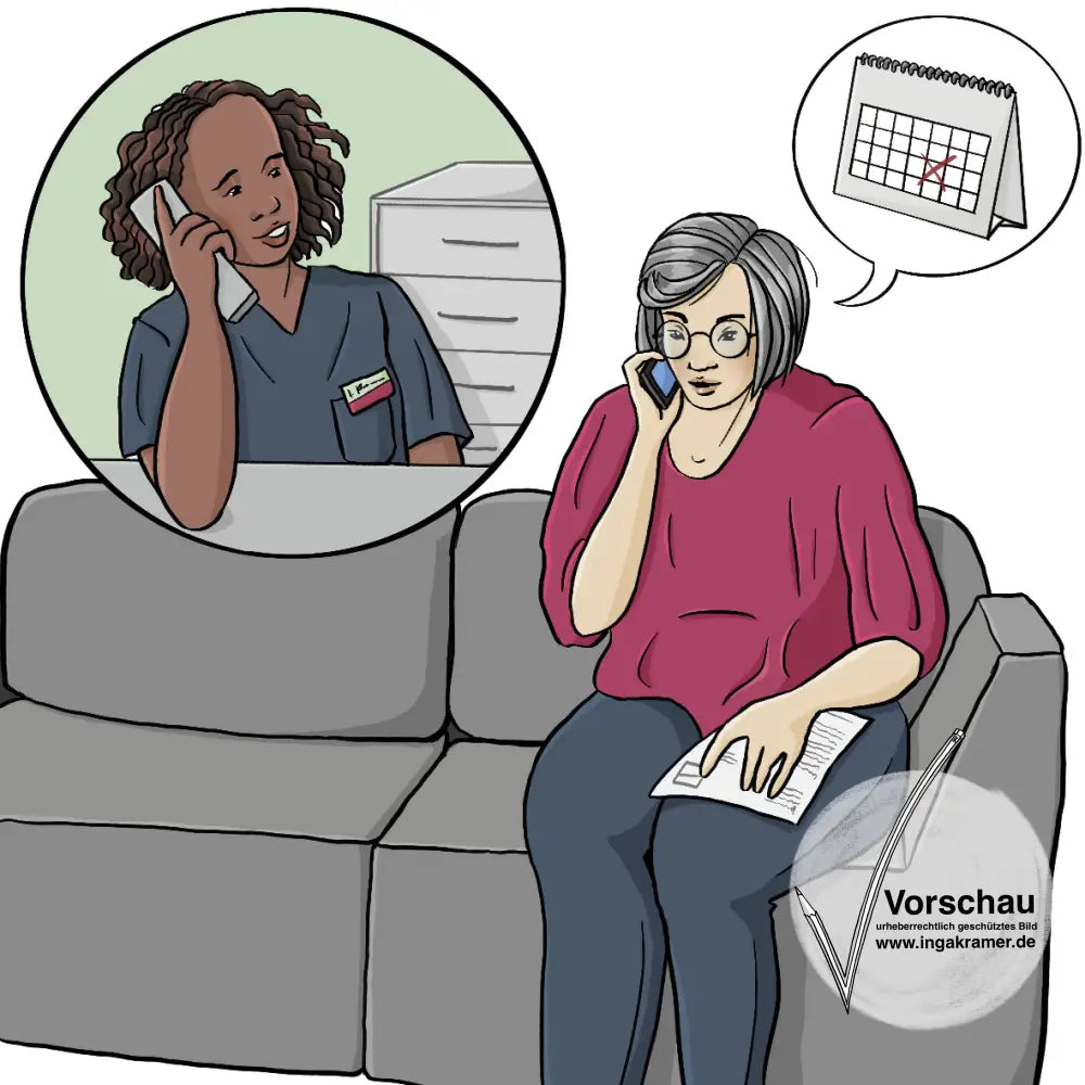 Eine Frau sitzt auf dem Sofa und telefoniert. Neben ihr ist eine Sprechblase mit einem Kalender. Im Kalender ist ein Termin angekreuzt. Über dem Sofa ist ein Kreis mit einer anderen Frau. Sie trägt einen Arzthelferkittel und telefoniert. 