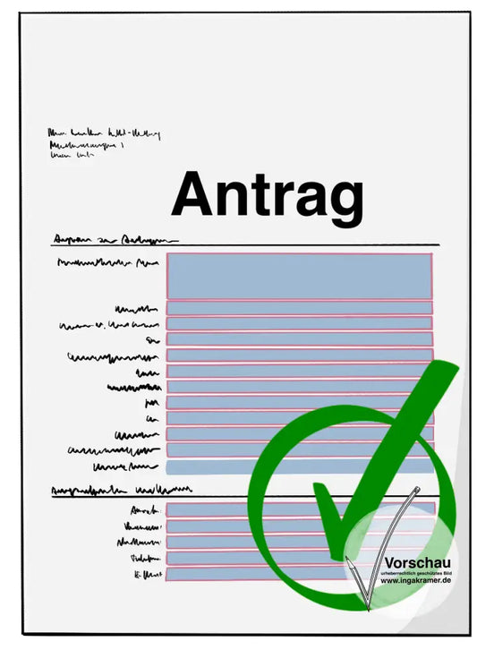 Ein Antrag. Auf dem Antrag ist ein grüner Kreis mit einem Häkchen. 