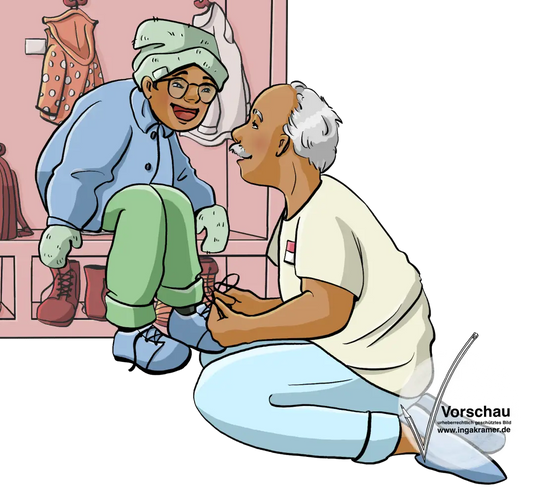 Ein Junge sitzt auf einer Garderoben-Bank. Ein Mann mit Namensschild zieht ihm die Schuhe an.