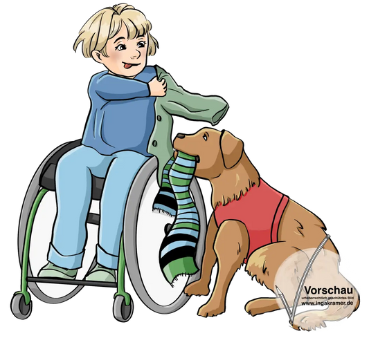 Ein Mädchen zieht sich eine Jacke an. Neben ihr sitzt ein Hund mit einem Schal im Maul.