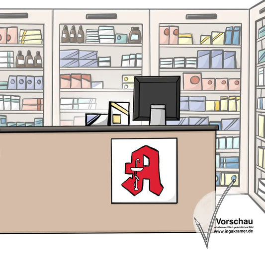Ein Tresen mit dem Apotheken-a. Auf dem Tresen stehen Schachteln. Im Hintergrund sind Regale mit Schachteln.