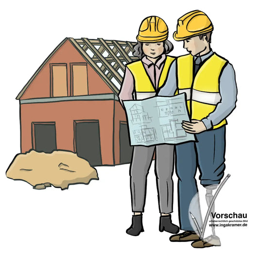 Zwei Bauingenieure stehen vor einem Rohbau und lesen Baupläne. Ein Mann und eine Frau. Der Mann trägt eine Beinprothese.  
