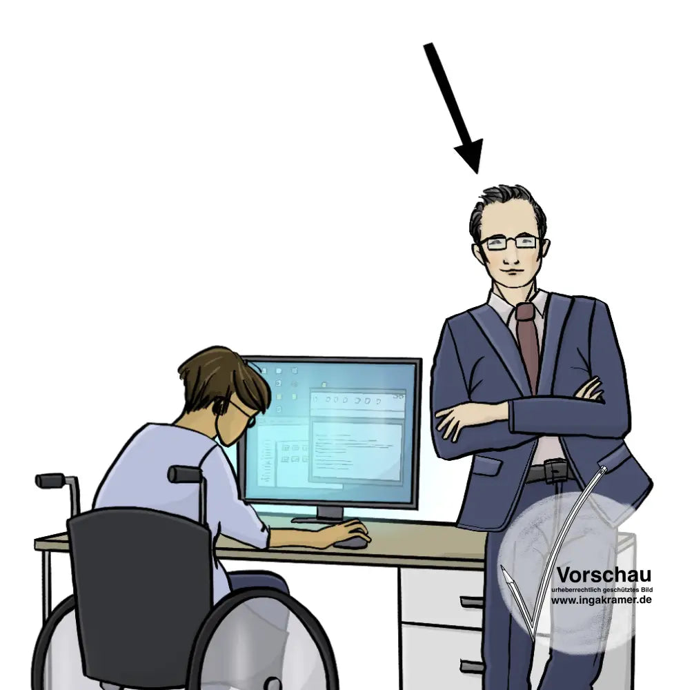 Eine Frau im Rollstuhl arbeitet am Computer. Ihr Chef lehnt an ihrem Schreibtisch. Ein Pfeil zeigt auf den Chef.