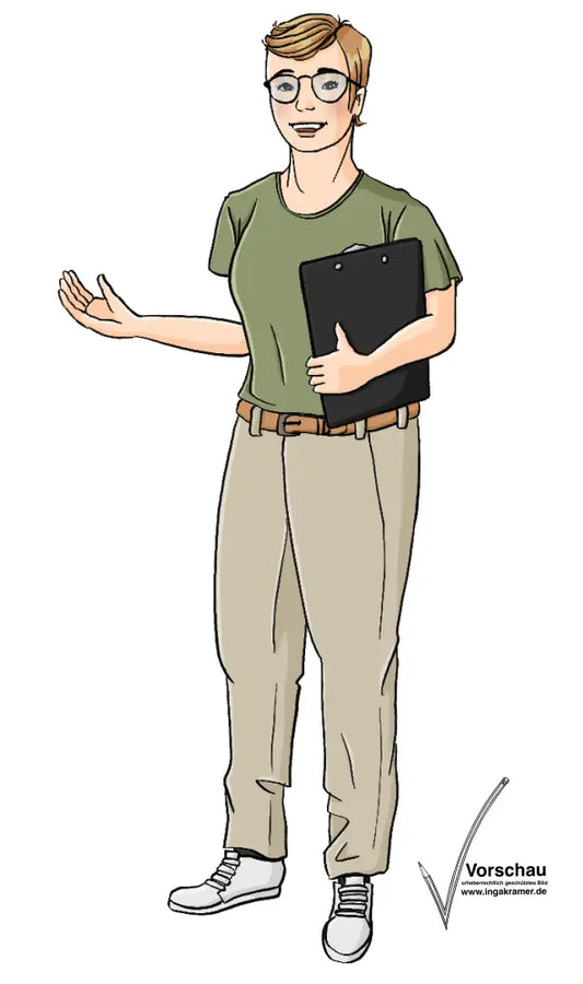 Eine Frau mit einem Klemmbrett unter dem Arm.