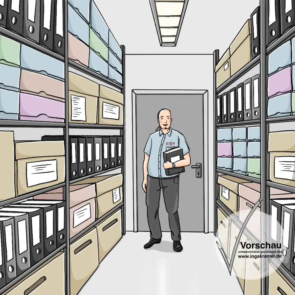 Ein Mann steht in der Tür zu einem Raum. Im Raum stehen Regale voller Kisten und Ordner.