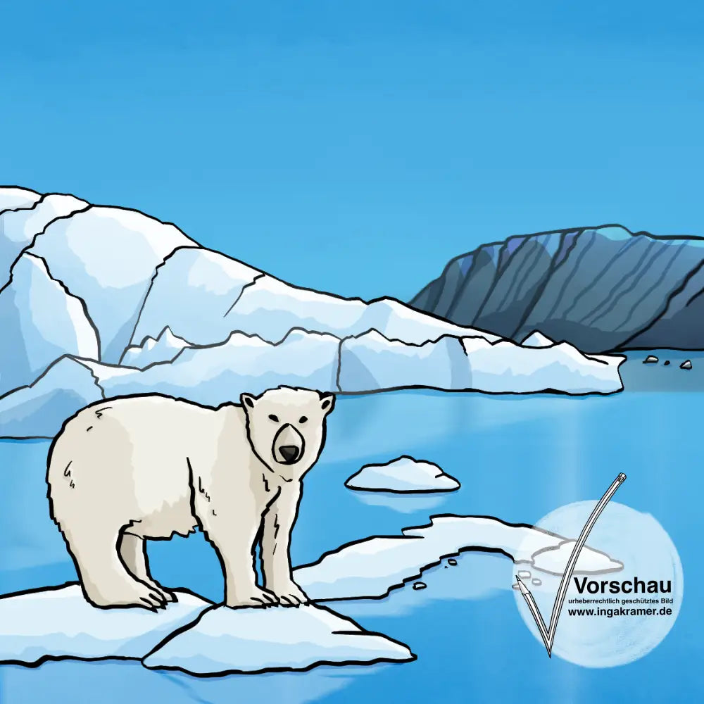 Ein Eisbär steht auf einer Eisscholle. 