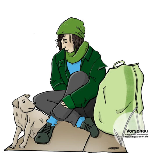 Eine Frau mit armer Kleidung sitzt auf einem Stück Pappe. Neben ihr liegt ein Hund. Neben ihr steht eine volle Plastik-Tüte.