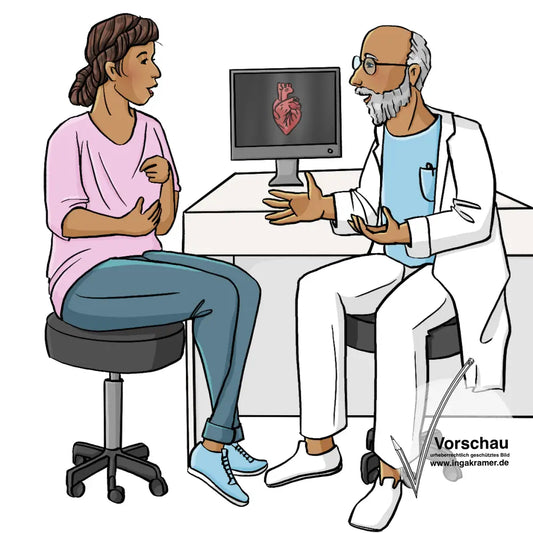 Ein Mann mit weißem Kittel und eine Frau sitzen sich gegenüber. Im Hintergrund ist ein Schreibtisch mit einem Computer. Auf dem Bildschirm ist ein menschliches Herz.