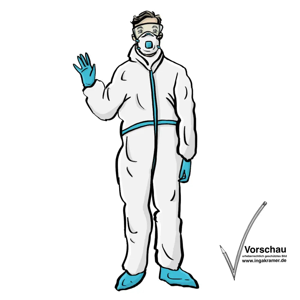 Ein Arzt hebt die Hand zum Gruß. Er trägt Schutzkleidung: Einen Schutzanzug, Mundschutz, Handschuhe und Überschuhe. 