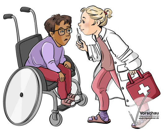 Ein Mädchen mit Arztkittel, Arztkoffer und Fieberthermometer geht auf einen Jungen im Rollstuhl zu. Der Junge schaut skeptisch.