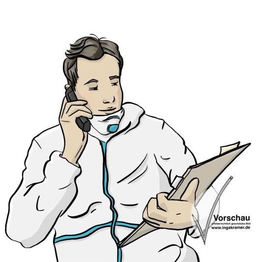 Ein Arzt telefoniert. Er hält eine Patienten-Akte im Arm. Er trägt einen Schutzanzug. Den Mundschutz hat er zum telefonieren heruntergezogen. 