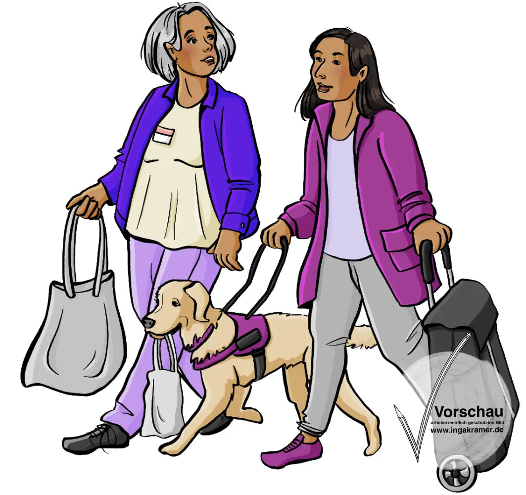 Zwei Frauen. Eine Trägt ein Namensschild und eine Einkaufstasche. Die andere zieht einen Einkaufsroller und hält einen Assistenzhund an der Leine.