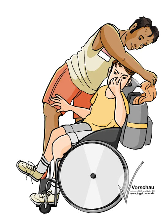 Ein Mann im Rollstuhl hält sich die Nase zu. Ein anderer Mann beugt sich über ihn und holt etwas aus dem Rucksack, der hinten am Rollstuhl hängt.