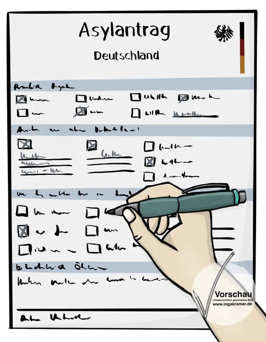 Ein Asylantrag. Eine Hand füllt den Antrag mit einem Kugelschreiber aus.